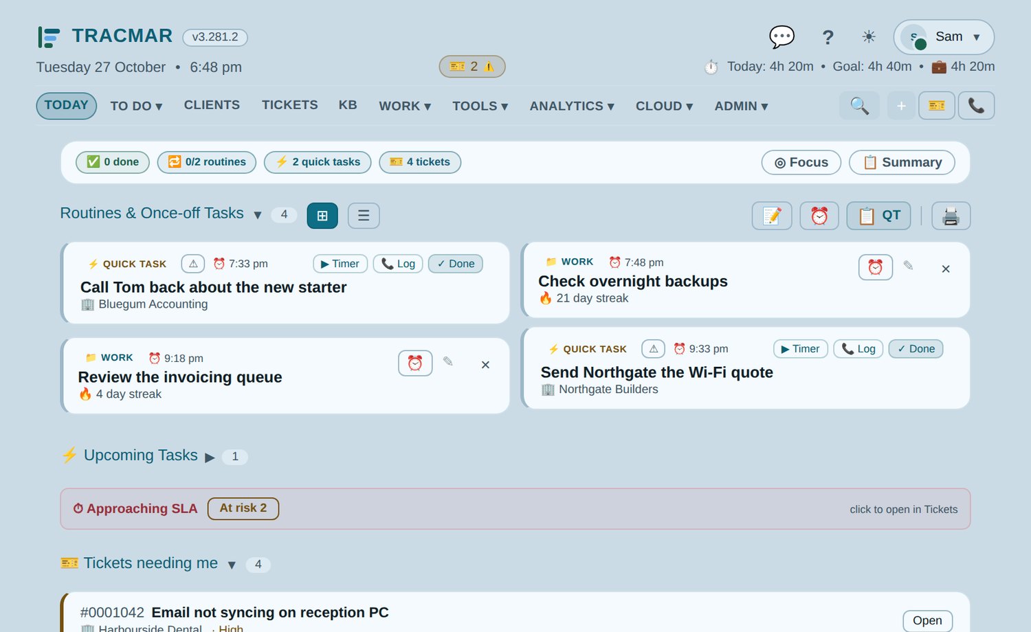 Tracmar Today page with routines, quick tasks and the jobs that need you (demo data)