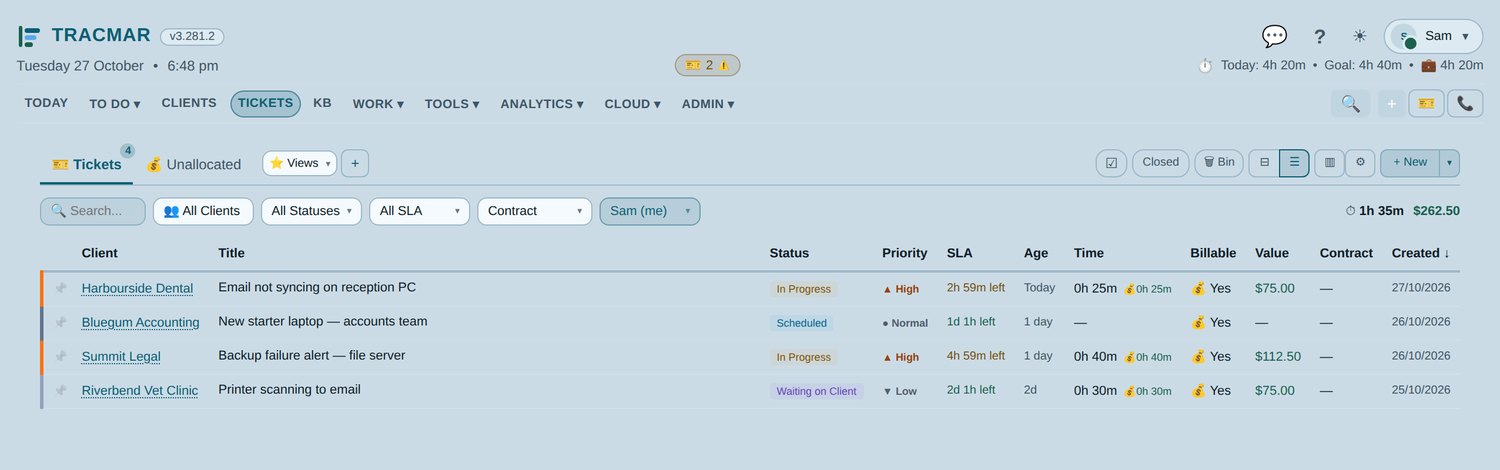 Tracmar job list with a live SLA status on every ticket (demo data)