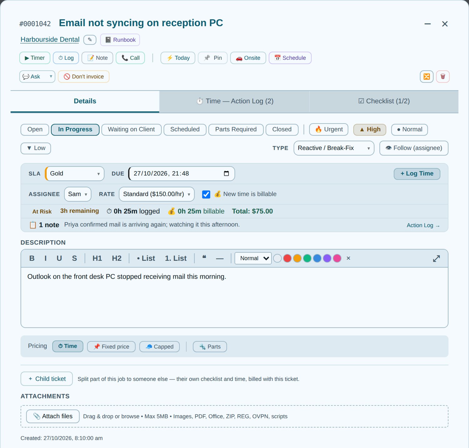 Inside a Tracmar job: time logged against a charge rate, billable minutes and the pricing mode, ready for a Xero invoice (demo data)