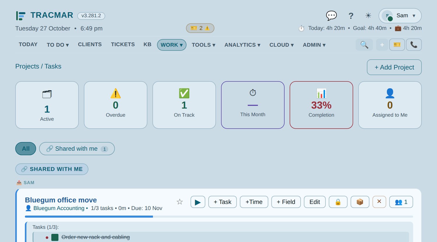 Tracmar projects screen with assigned tasks and a project task list (demo data)