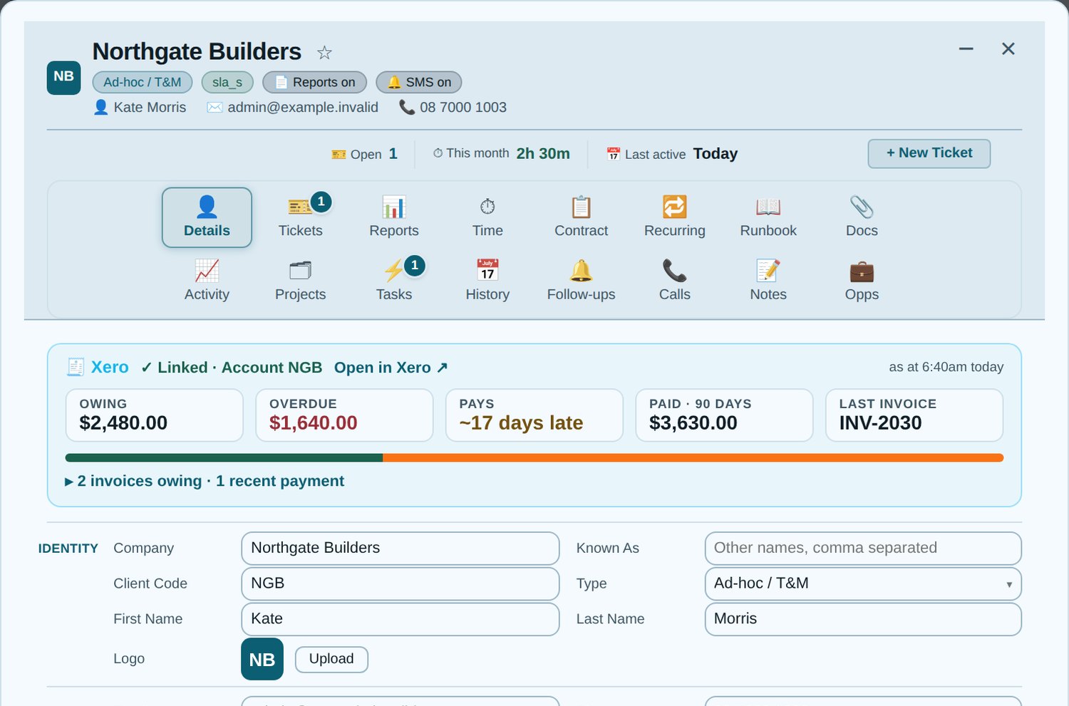 Tracmar client record with the Xero card: owing, overdue, how they pay (demo data)