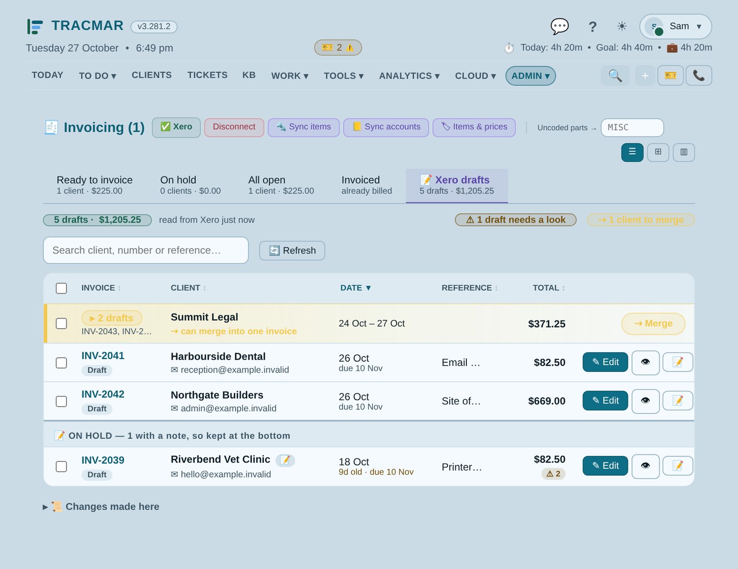 Tracmar's Xero drafts list: drafts grouped by client, checks and an on-hold note (demo data)