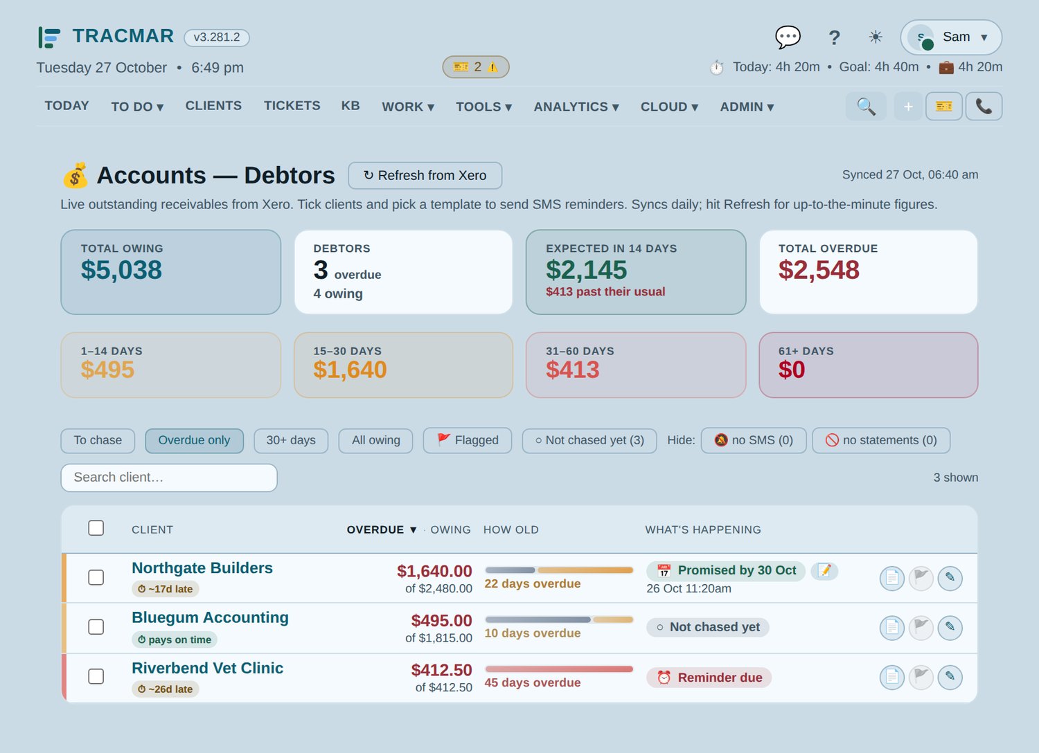 Tracmar Debtors screen: owing, overdue by age, expected in 14 days and what is happening with each client (demo data)
