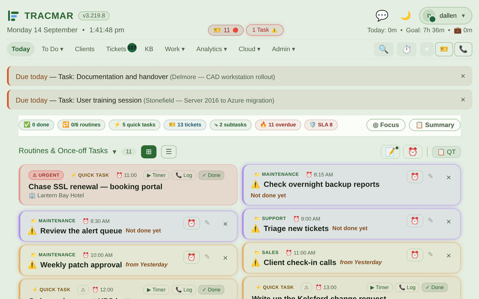 The Today page in the Meadow theme